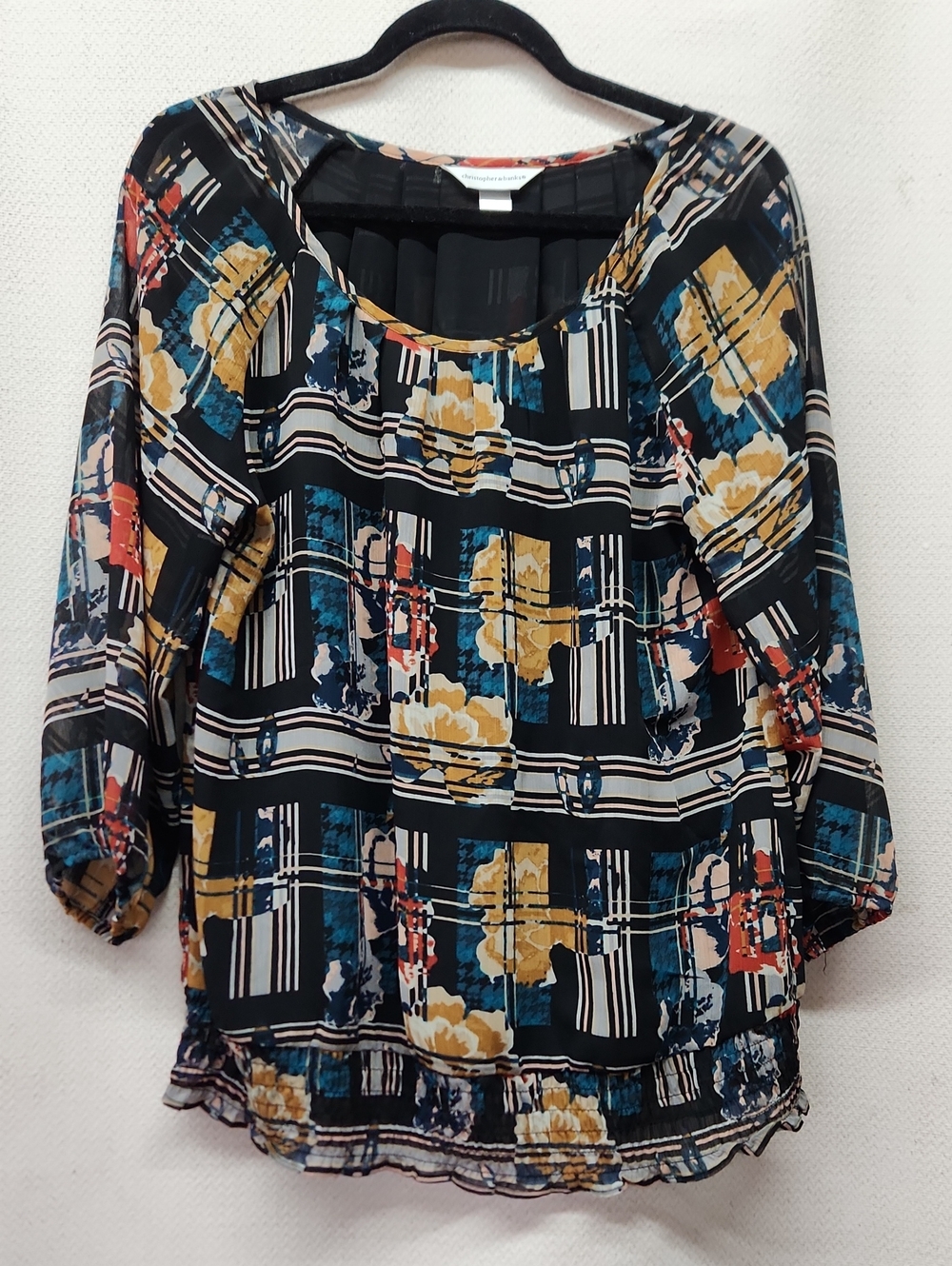 Christopher & Banks Black Floral Stripe Scoop Neck Blouse